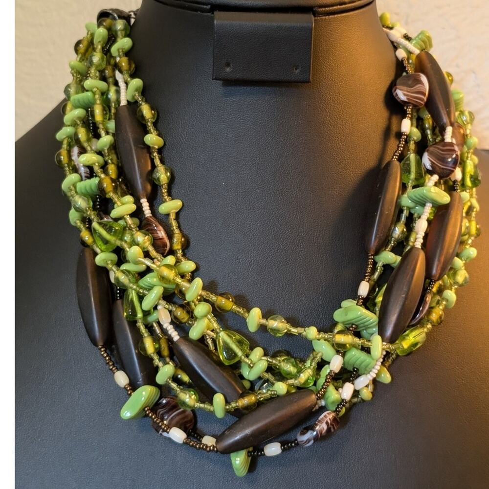 Spring Green Cream & Brown Glass Bead Multi-Strand Choker Necklace